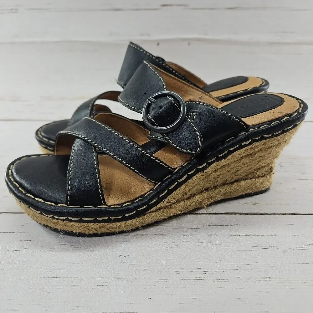 Born Boc Wedge‎ Sandals Womens 7 Black Leather Comfort Espadrille Strappy Shoe